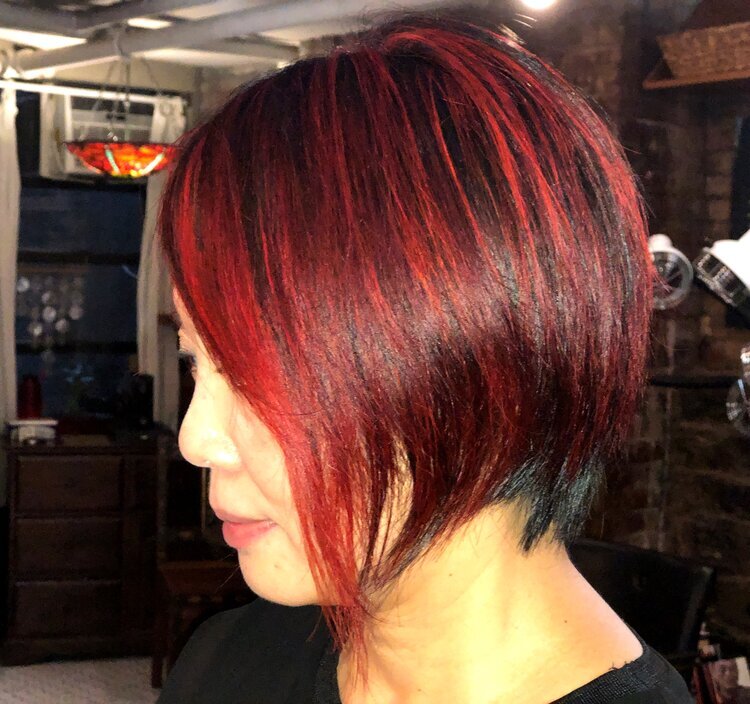 Highlights, Fire Red Semi-Permanent Color, and Razor Cut